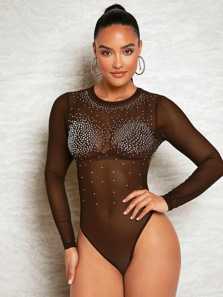 Rhinestone Detail Sheer Mesh Bodysuit