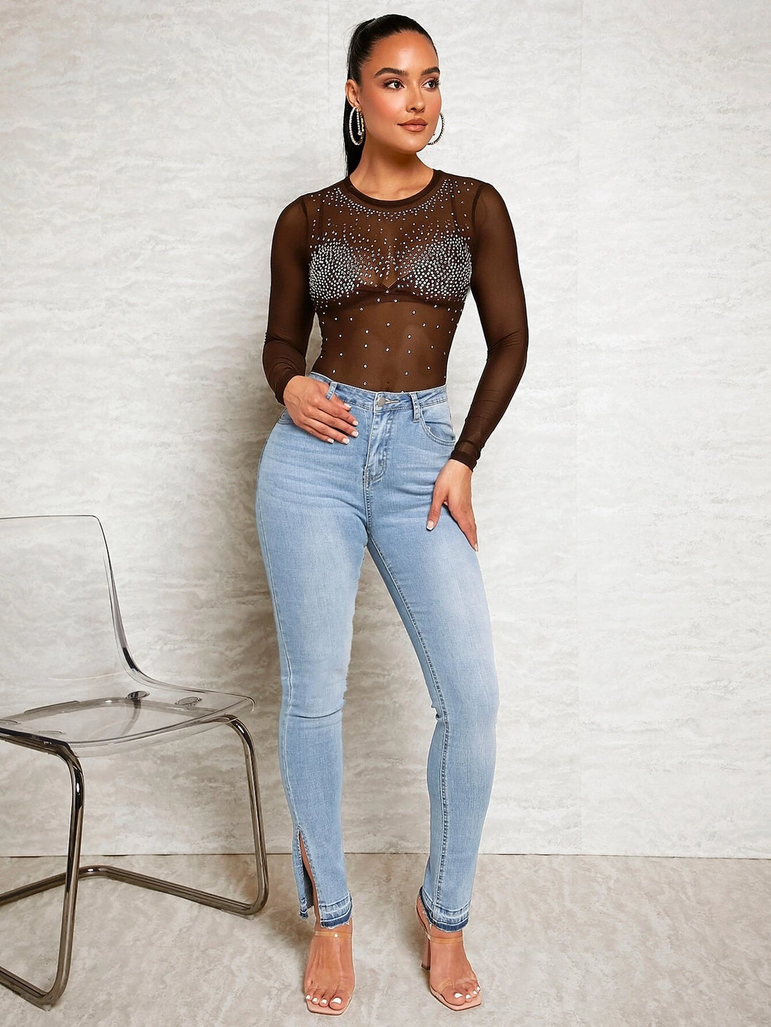 Rhinestone Detail Sheer Mesh Bodysuit