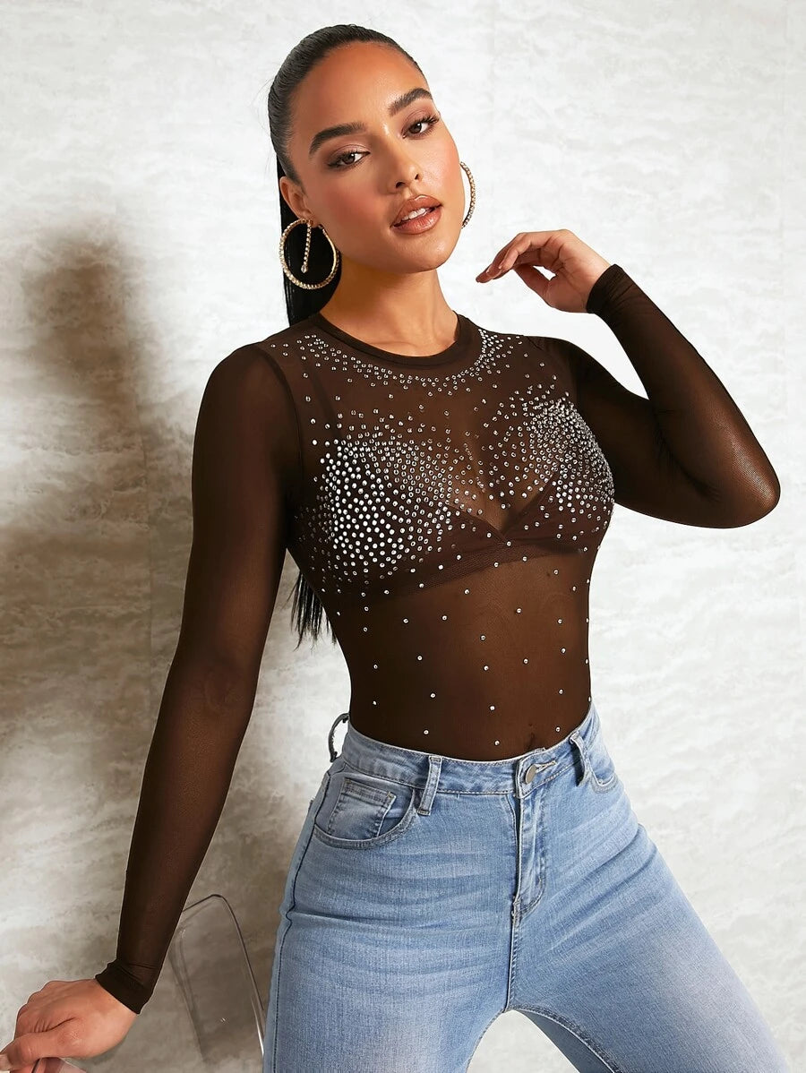 Rhinestone Detail Sheer Mesh Bodysuit