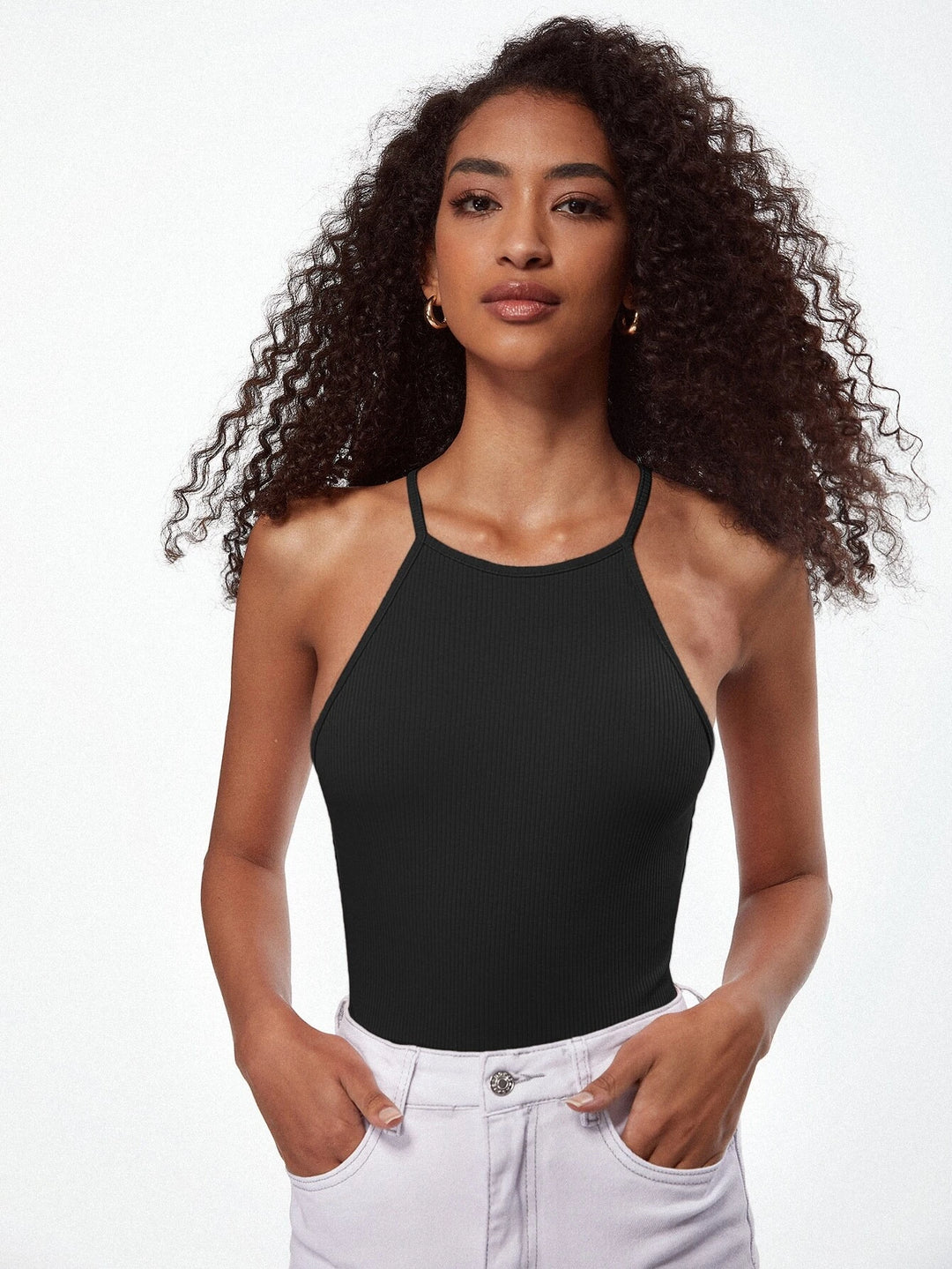 Cotton Halter Neck Ribbed Knit Bodysuit