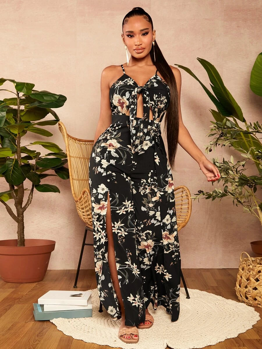 Floral Print Tie Front Split Thigh Jumpsuit