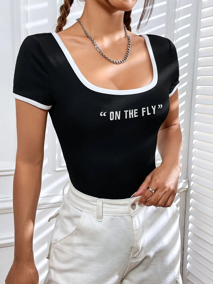 Slogan Graphic Contrast Binding Tee Bodysuit