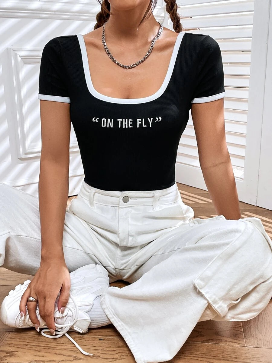 Slogan Graphic Contrast Binding Tee Bodysuit