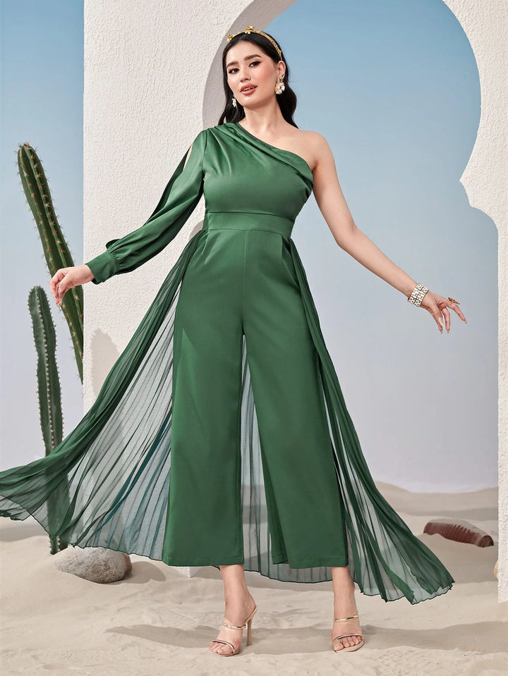 One Shoulder Contrast Mesh Wide Leg Jumpsuit