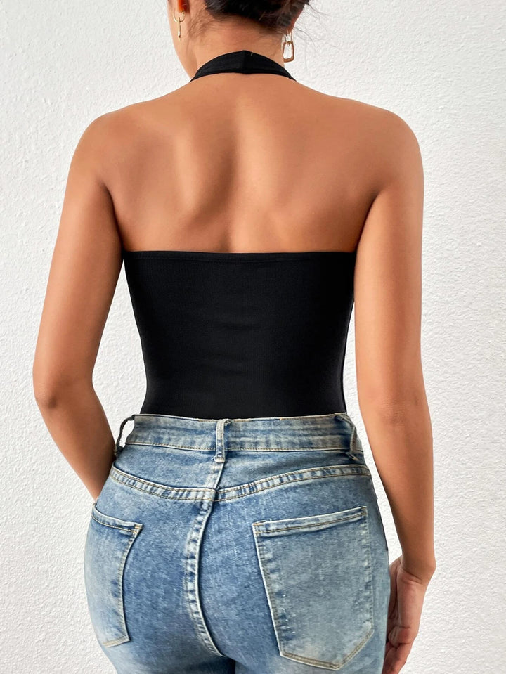 Solid Colored Backless Halter Neck Bodysuit