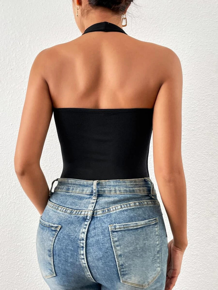 Solid Backless Halter Neck Ribbed Bodysuit