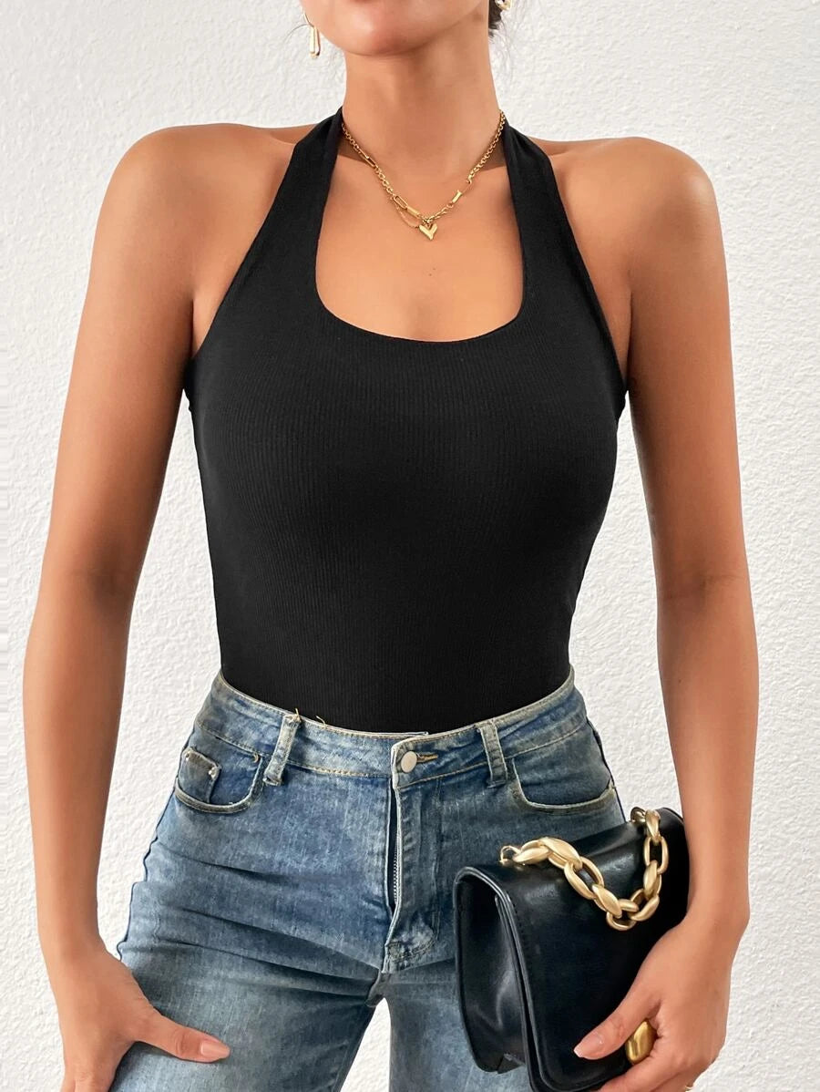 Solid Backless Halter Neck Ribbed Bodysuit