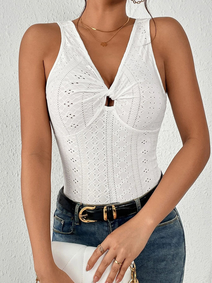 Eyelet Embroidery Front Twist Bodysuit