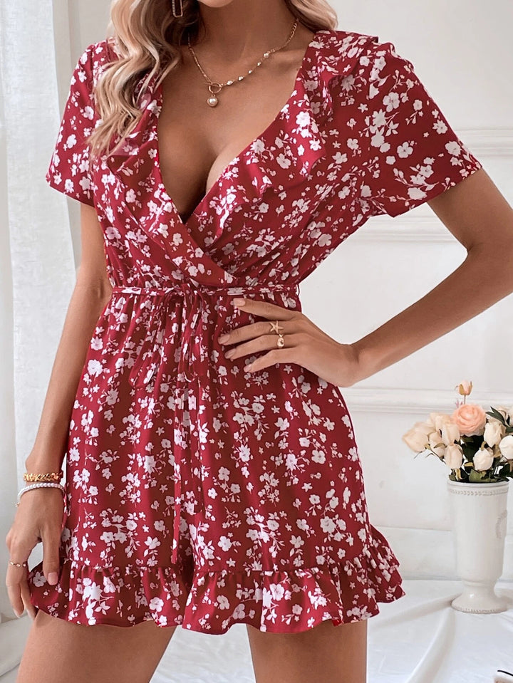 Floral Print Ruffle Trim Belted Romper