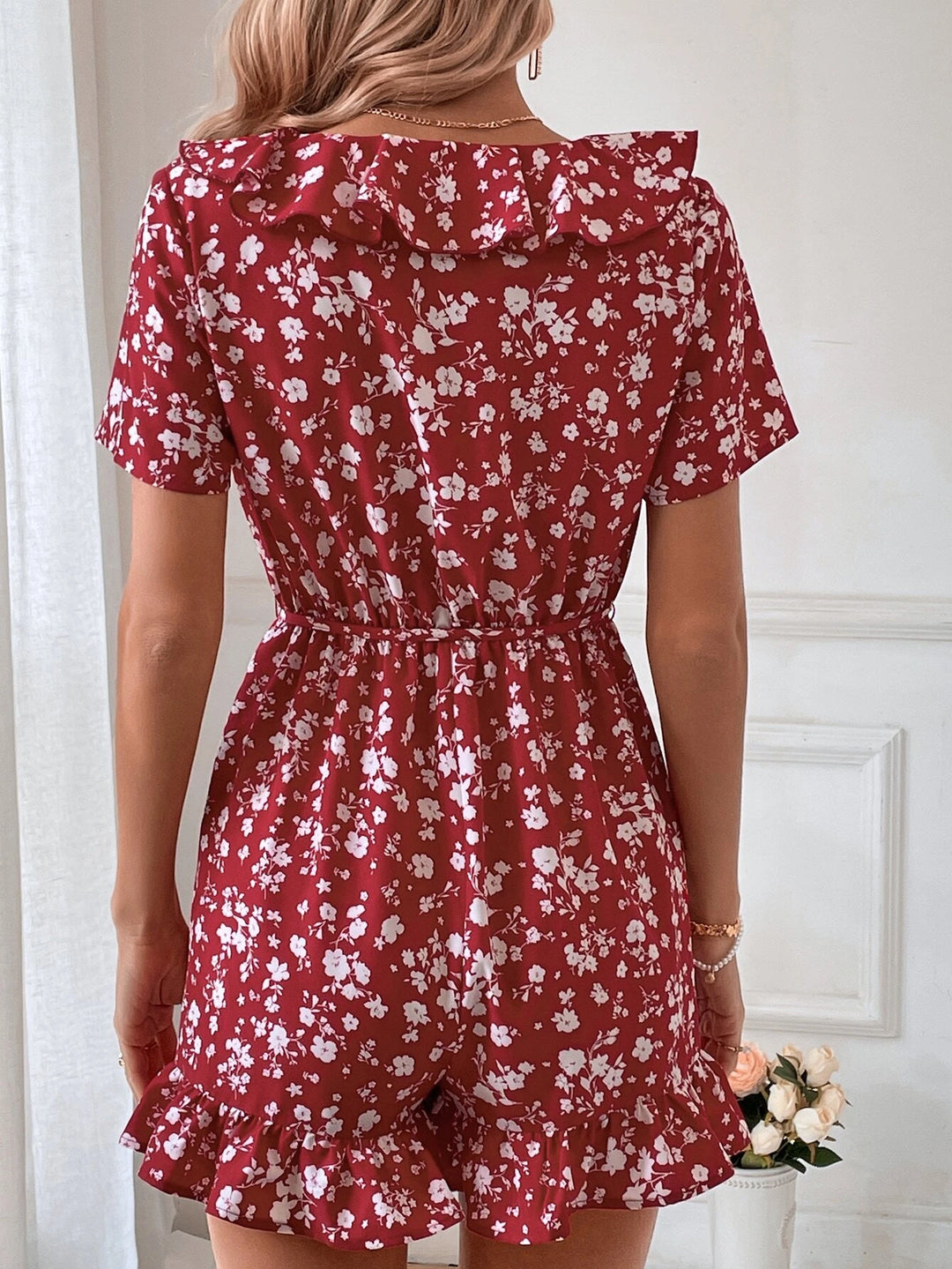 Floral Print Ruffle Trim Belted Romper