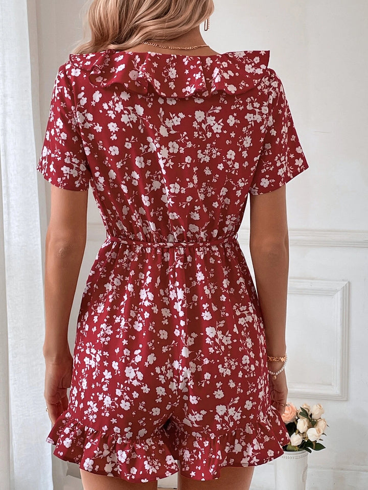 Floral Print Ruffle Trim Belted Romper