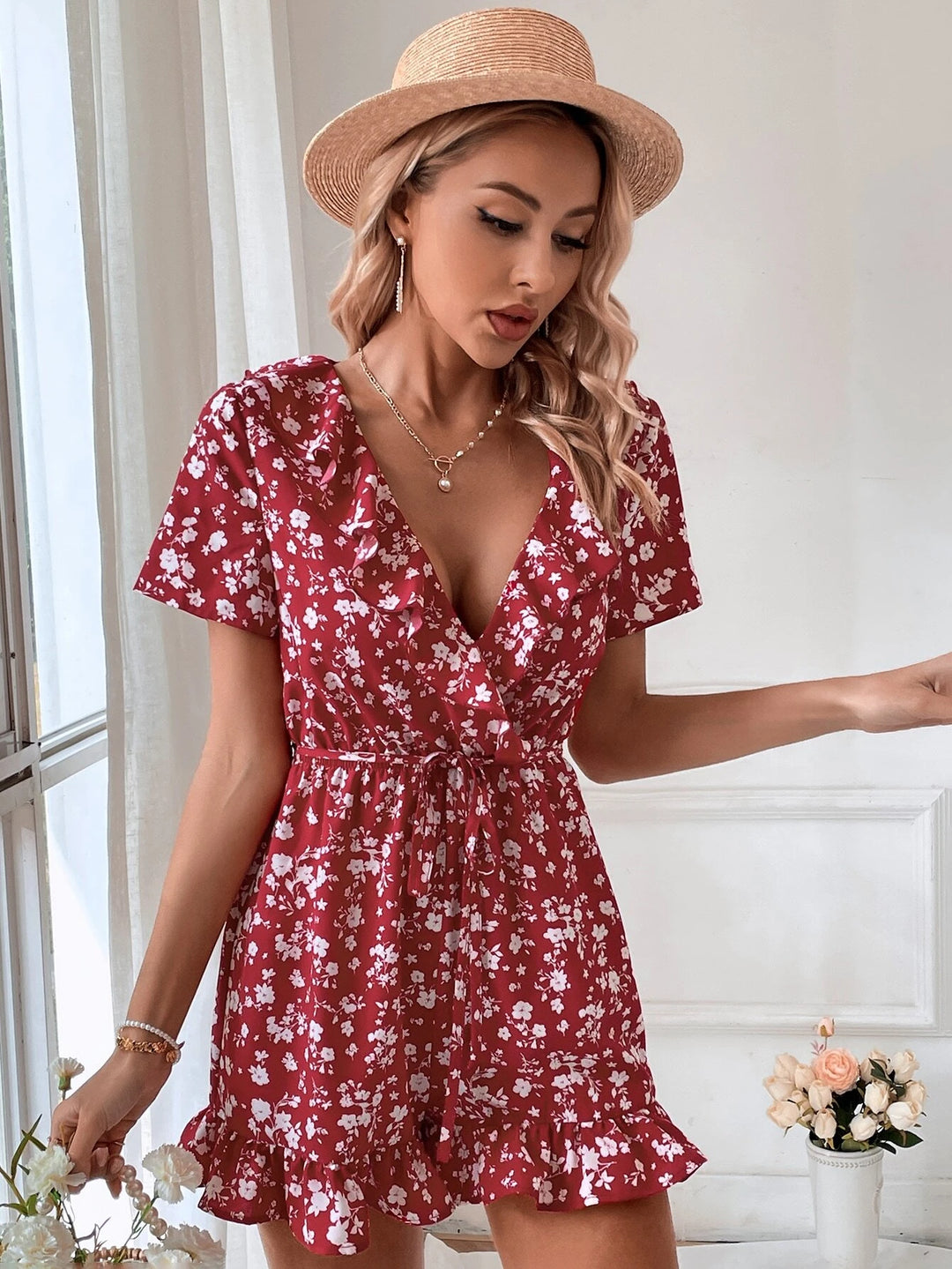 Floral Print Ruffle Trim Belted Romper