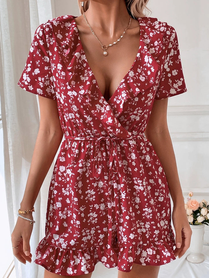 Floral Print Ruffle Trim Belted Romper