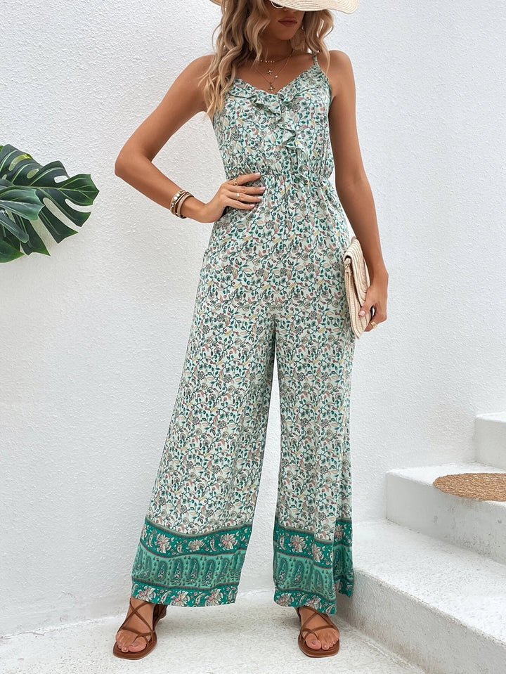 Floral Print Ruffle Trim Cami Jumpsuit