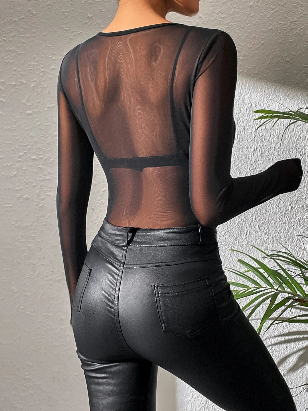 Round Neck Sheer Mesh Bodysuit