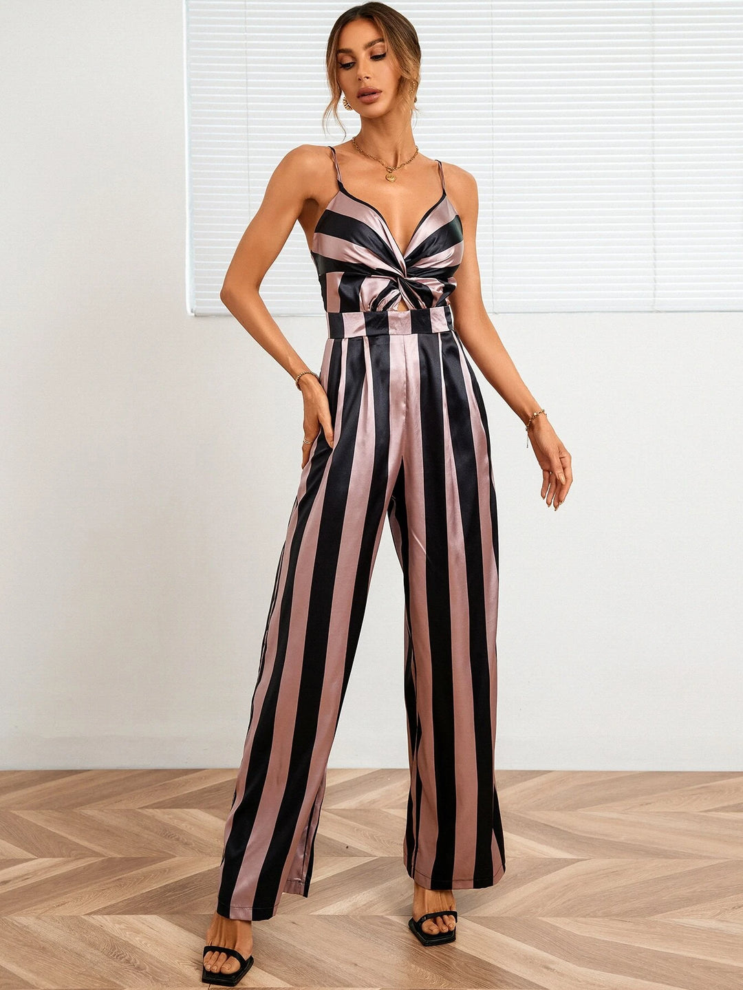 Striped Print Twist Front Satin Cami Jumpsuit