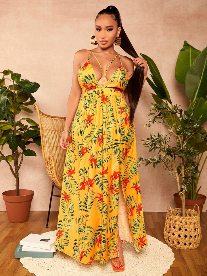 Tropical Print Split Thigh Cami Jumpsuit