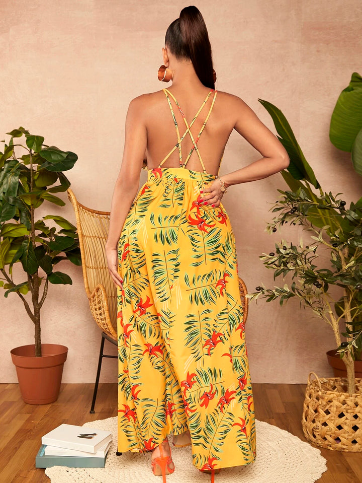 Combinaison camisole à imprimé tropical et cuisse fendue