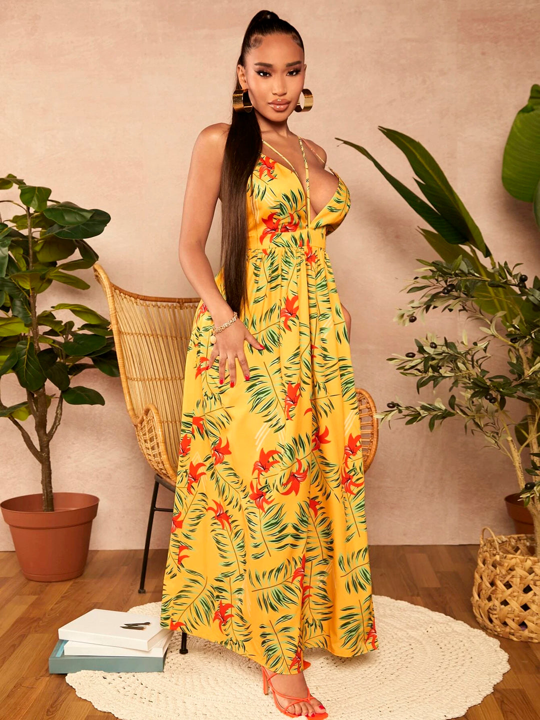 Tropical Print Split Thigh Cami Jumpsuit