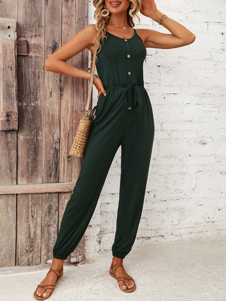 Button Front Knot Waist Cami Jumpsuit