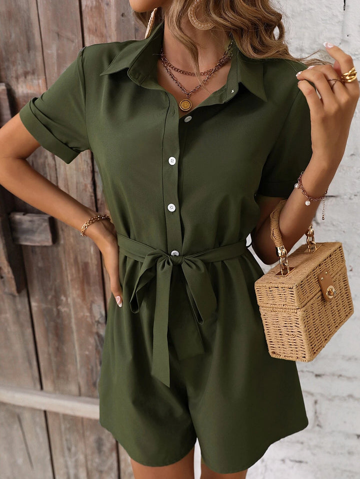 Button Front Belted Shirt Romper