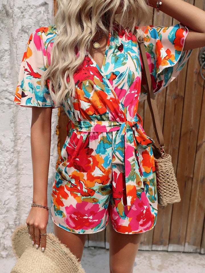 Floral Print Butterfly Sleeve Belted Romper