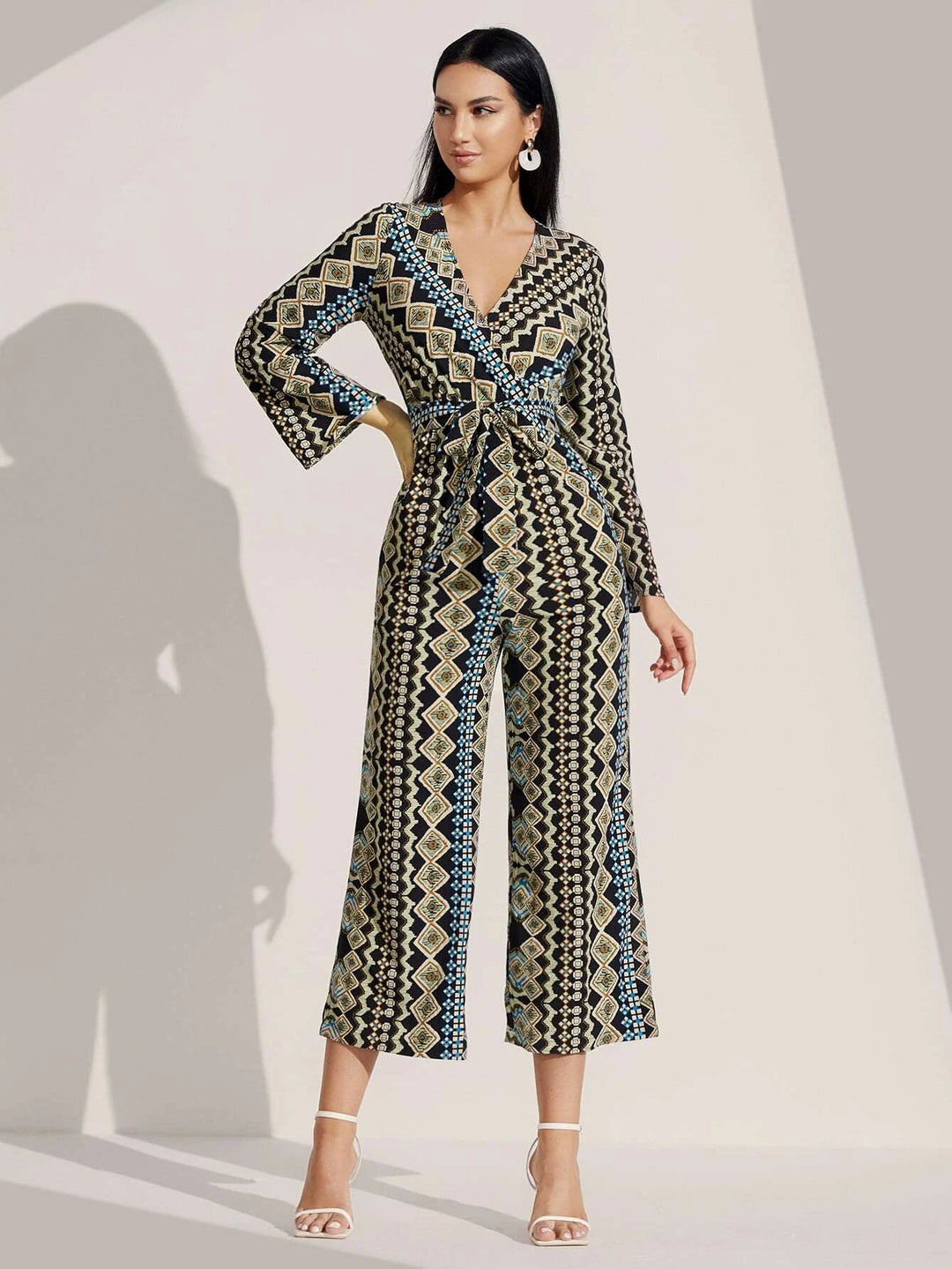 Geo Print Belted Jumpsuit