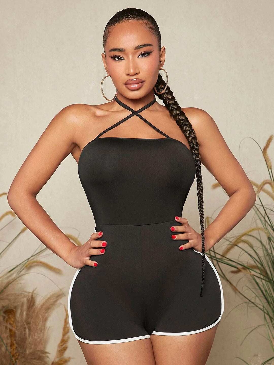 Contrast Binding Halter Neck Backless Unitard Romper