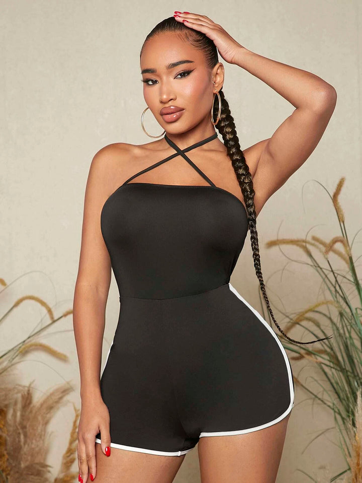 Contrast Binding Halter Neck Backless Unitard Romper