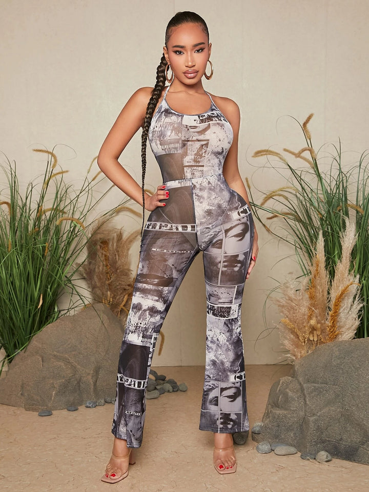 Figure Graphic Tie Backless Halter Jumpsuit