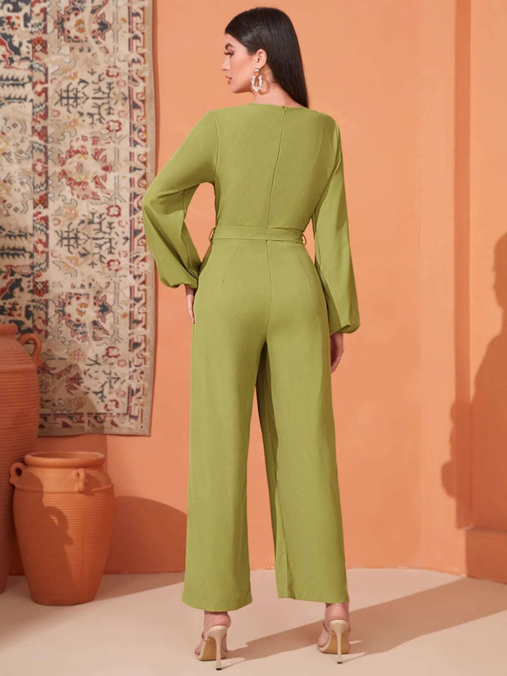 Contrast Tape Bishop Sleeve Belted Jumpsuit