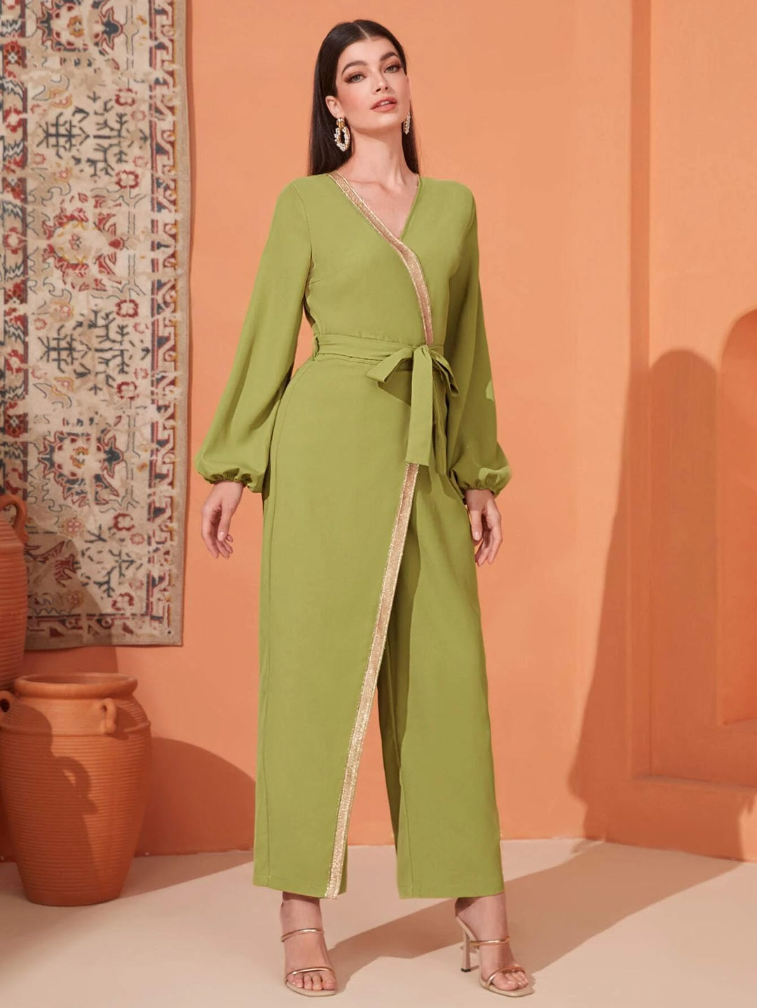 Contrast Tape Bishop Sleeve Belted Jumpsuit