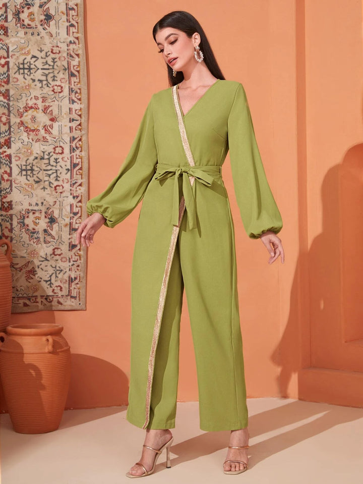 Contrast Tape Bishop Sleeve Belted Jumpsuit