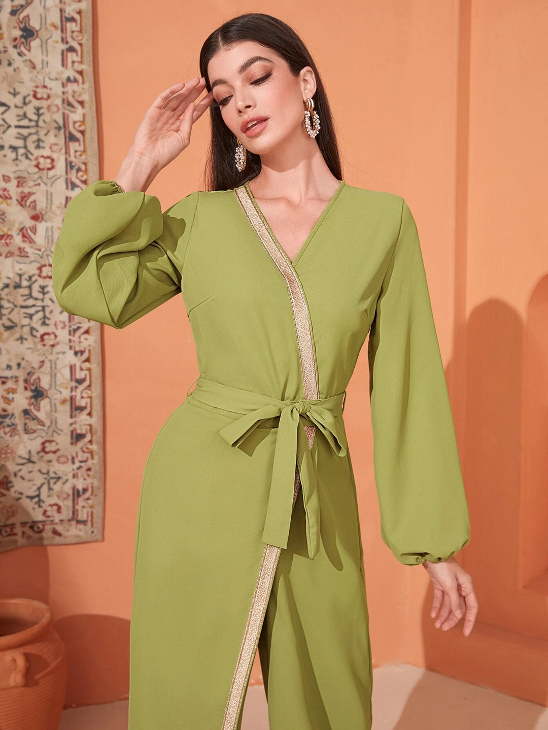 Contrast Tape Bishop Sleeve Belted Jumpsuit