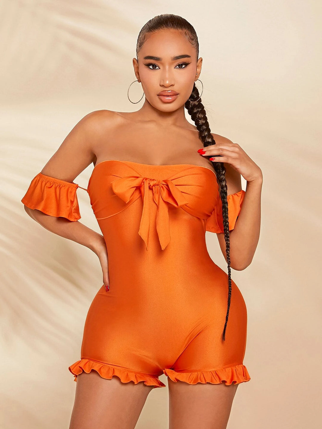 Off Shoulder Knot Front Ruffle Hem Romper