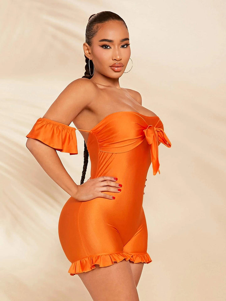 Off Shoulder Knot Front Ruffle Hem Romper