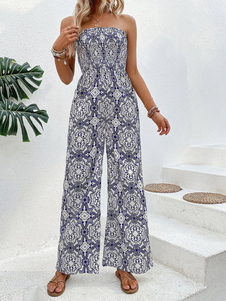 Allover Print Tube Wide Leg Jumpsuit Without Belt