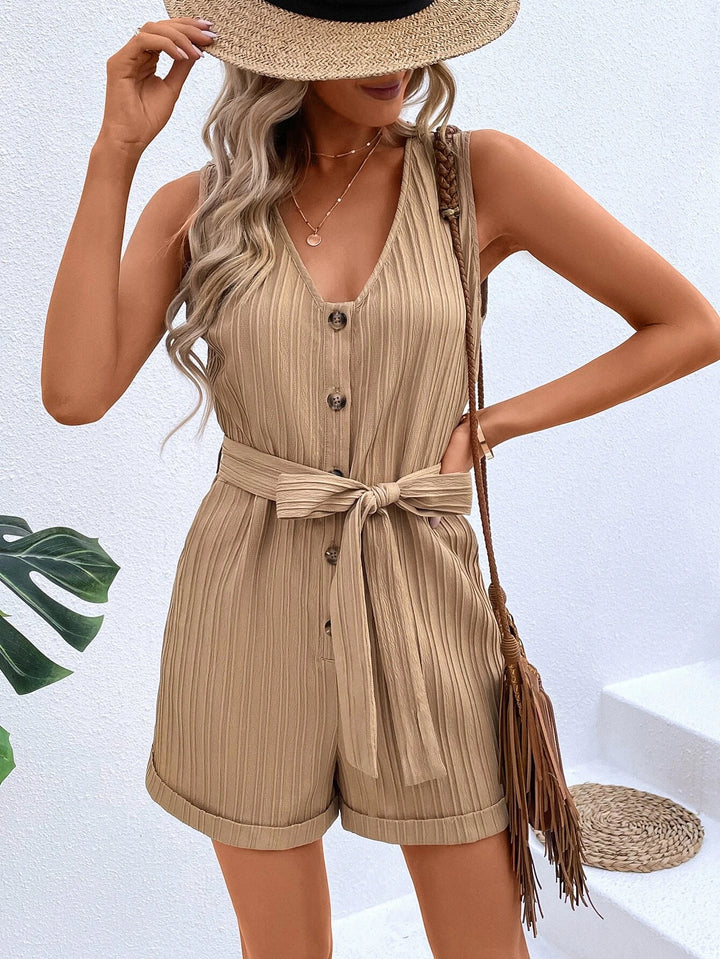 Button Front High Waist Belted Romper