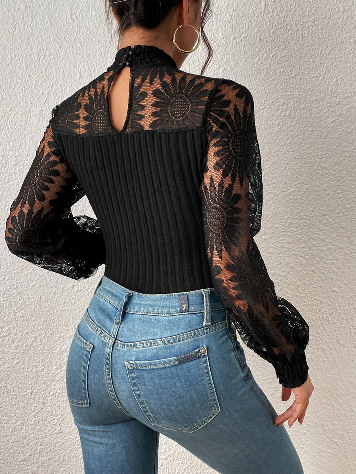 Contrast Lace Long Sleeved Bodysuit
