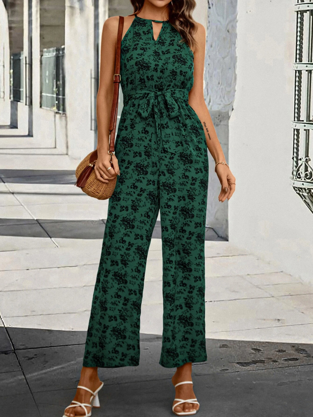 Print Keyhole Neckline Belted Halter Jumpsuit