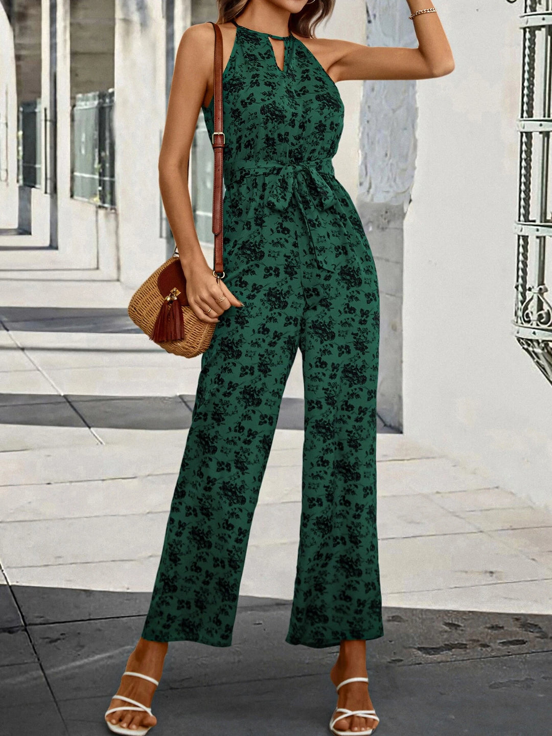 Print Keyhole Neckline Belted Halter Jumpsuit