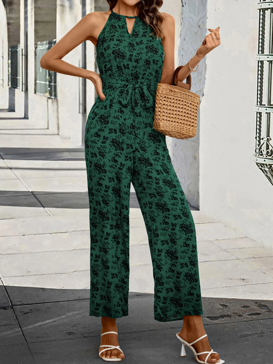 Print Keyhole Neckline Belted Halter Jumpsuit