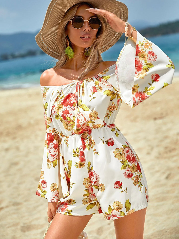 Floral Print Off Shoulder Knot Front Romper