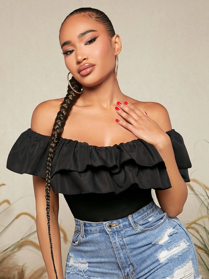 Off Shoulder Ruffle Trim Bodysuit