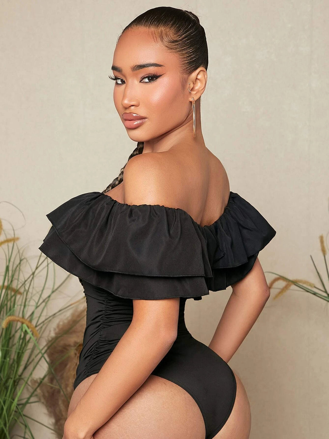 Off Shoulder Ruffle Trim Bodysuit