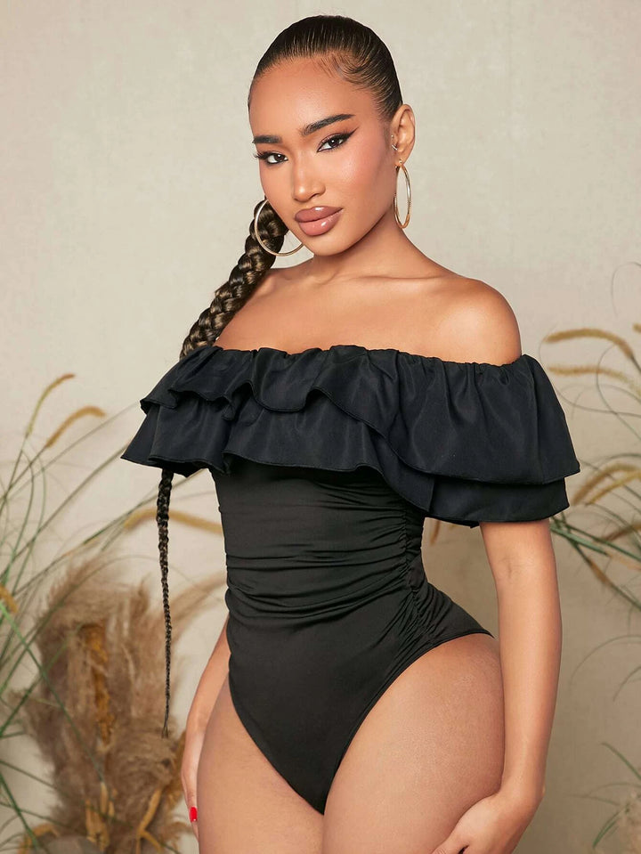 Off Shoulder Ruffle Trim Bodysuit