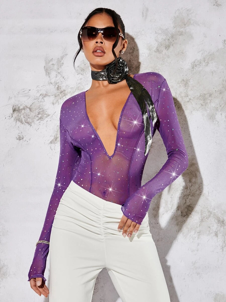 Plunging Neck Sequin Detail Mesh Bodysuit