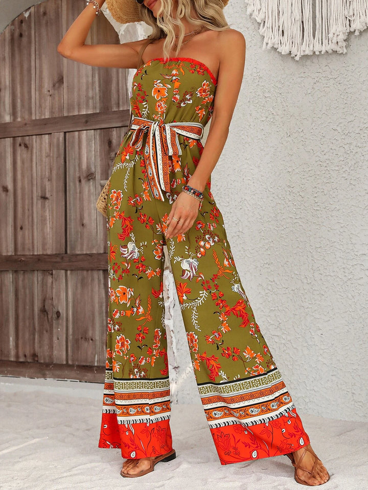 Floral Pattern Belted Tube Jumpsuit