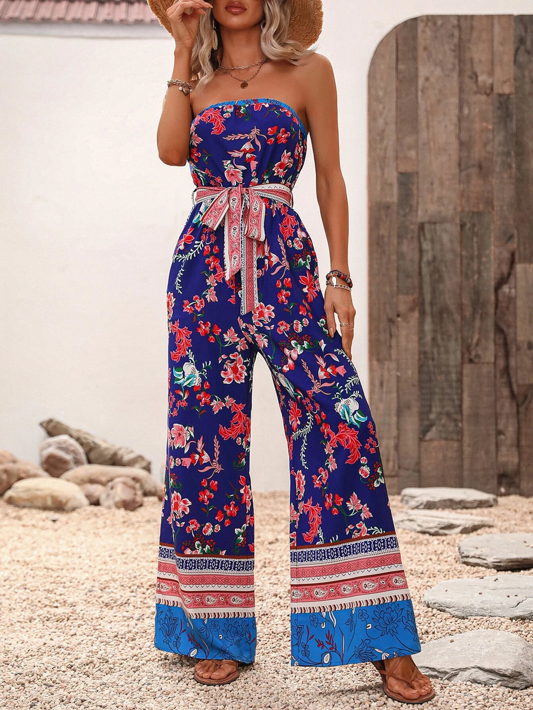 Floral Pattern Belted Tube Jumpsuit