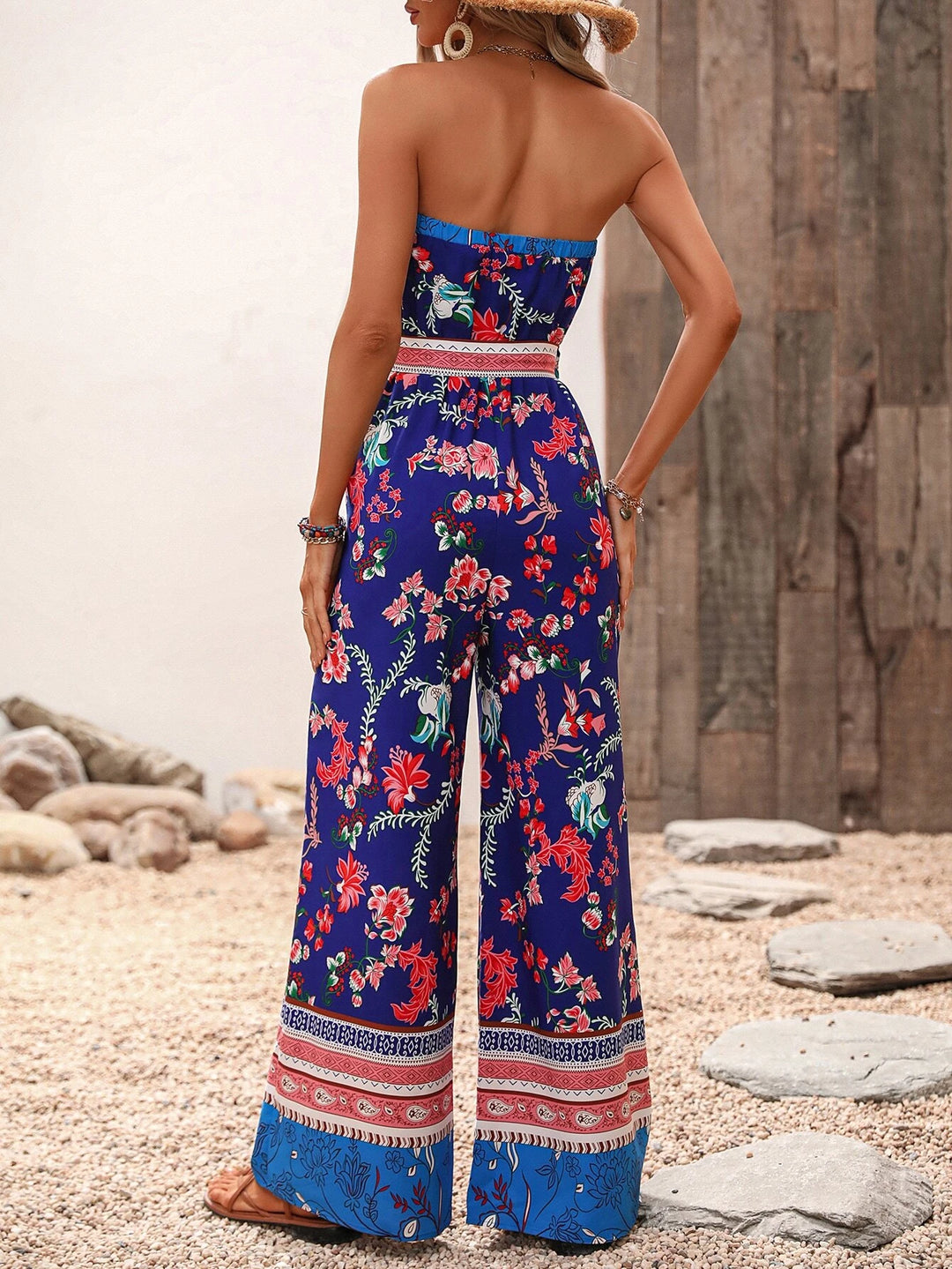 Floral Pattern Belted Tube Jumpsuit